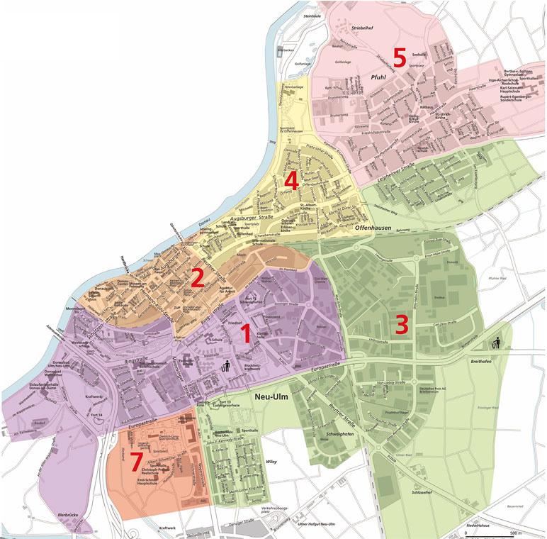 Karte mit den einzelnen Müllabfuhr-Bezirken in Neu-Ulm